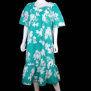 Aikane Hawaii Aloha Vintage Muumuu Lounge Trumpet Dress Green Floral Women's XL